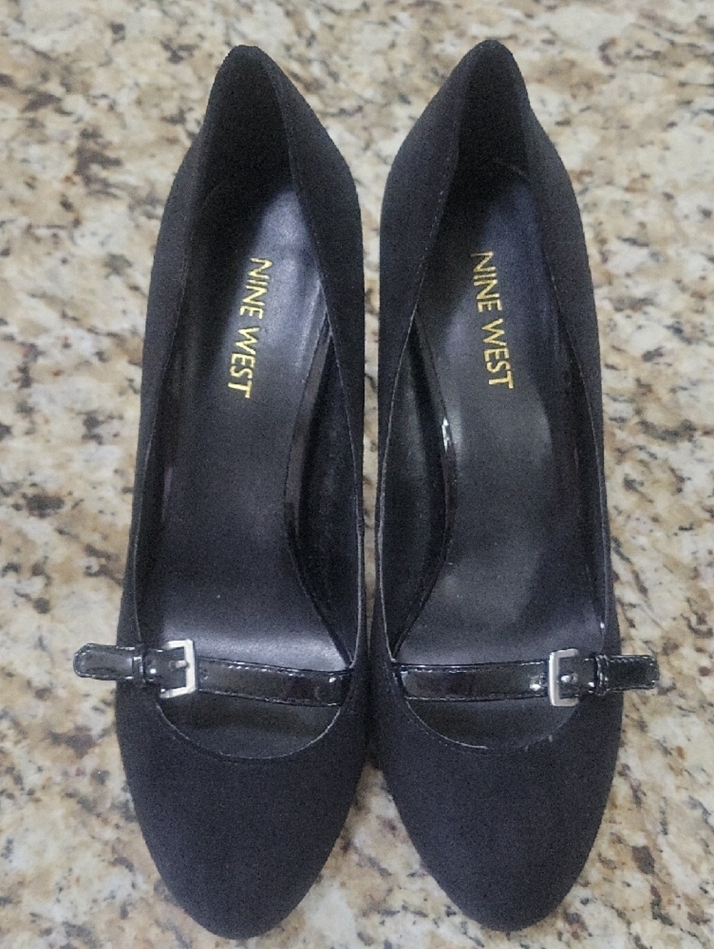 Nine West Black Heels 8M Silver Buckles Patent Trim